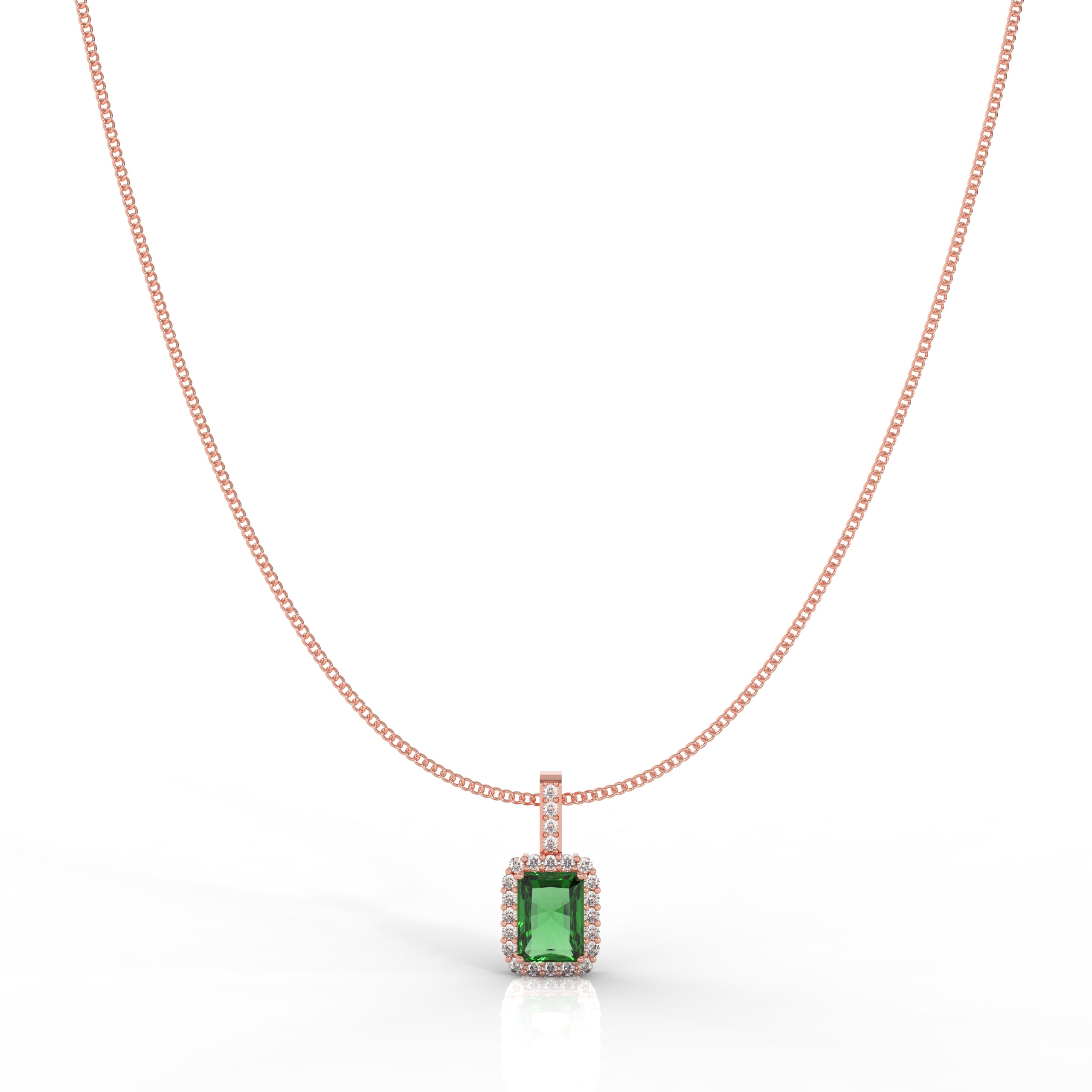 Octagon Cut Emerald Halo Pendant With Chain, Hallmarked 925 Sterling Silver - sitabo